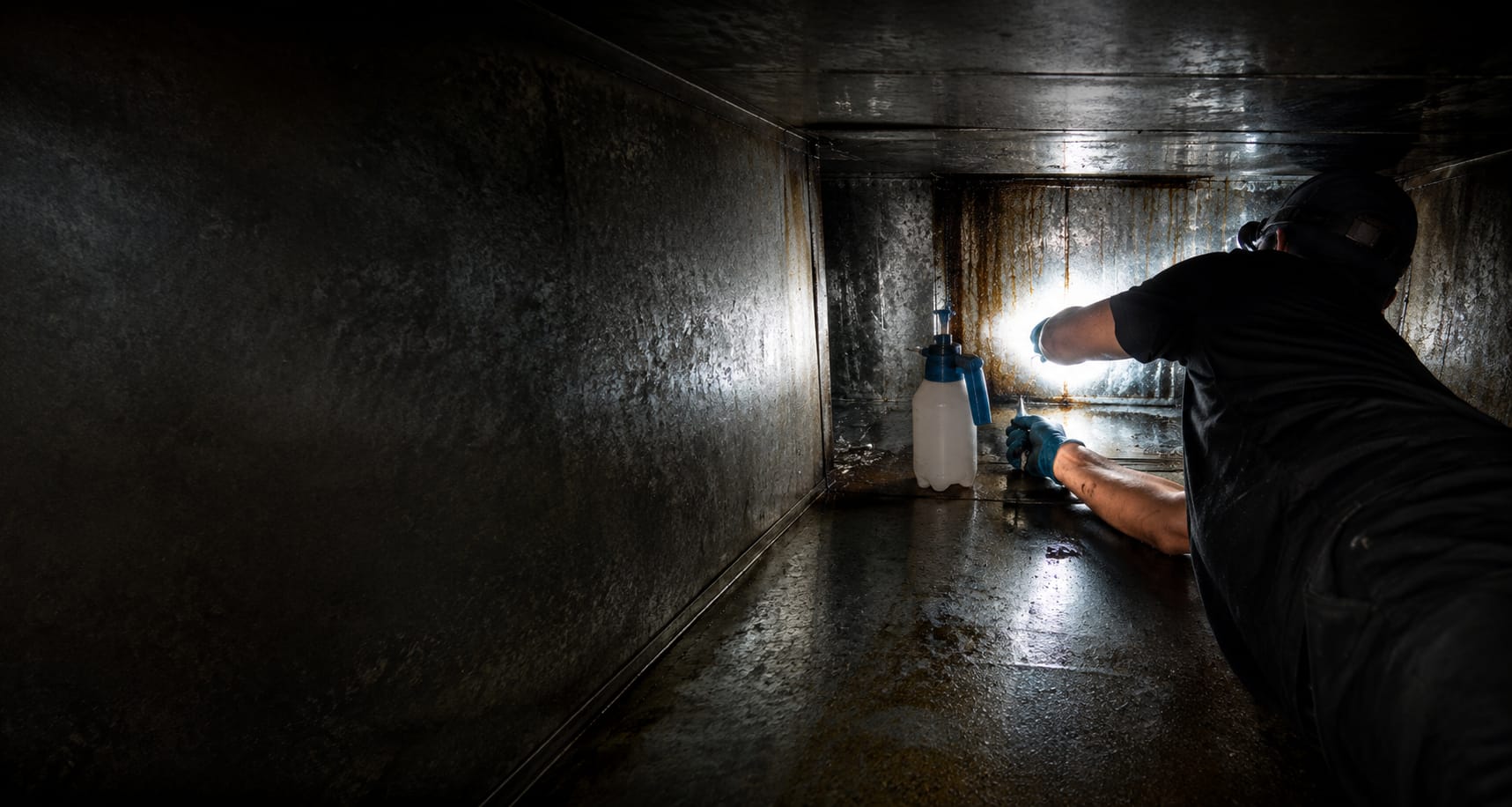 KB99 technician cleaning inside a commercial kitchen grease exhaust duct in Singapore, beyond normal hand-reach areas